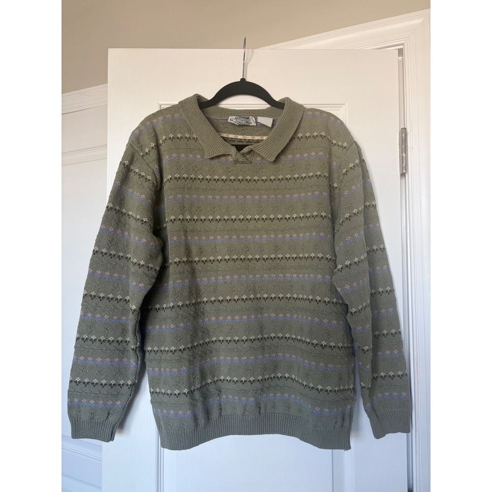 Northern Reflections Vintage Sage Green Fair Isle Floral Polo Collar Sweater